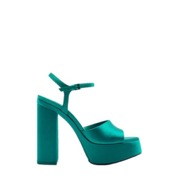 Zara Turquoise Blue Satin Platform Chunky Heel Sandals - Picture 1 of 4